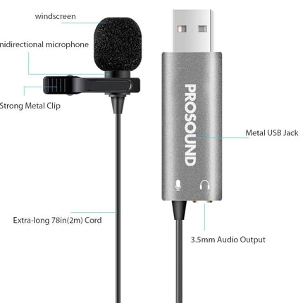 ProSound Lavalier USB-A Microphone Omnidirectional Electret Condenser with 3.5mm Audio Socket
