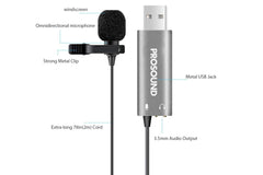 ProSound Lavalier USB-A Microphone Omnidirectional Electret Condenser with 3.5mm Audio Socket