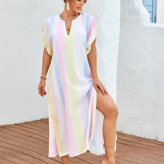 Beach Cover-up Rainbow Color Long Slit V-neck