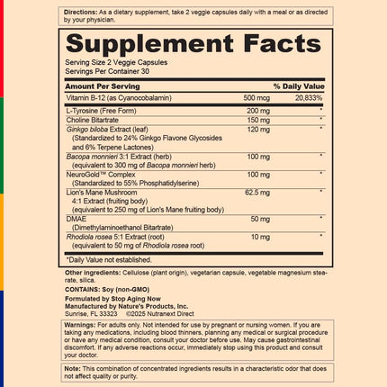 Stop Aging Now: Brain Energizer – 60 Veggie Caps | Advanced Complex with Lion's Mane, Bacopa & DMAE