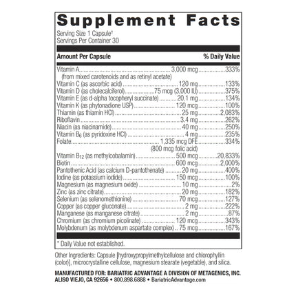 Bariatric Advantage Ultra Solo Without Iron – Once-Daily Bariatric Multivitamin (Gluten Free) 30 Count