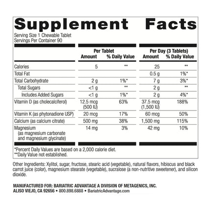 Bariatric Calcium Citrate 500mg Chewables with Vitamin D3 – 90 Count