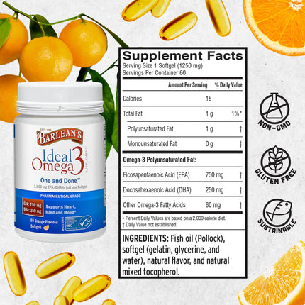 Barlean's Ideal Omega-3 Fish Oil Softgels 1000 mg – Orange Flavor, 60 ct