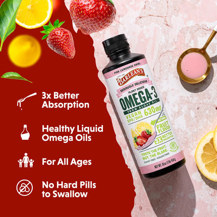 Barlean's Pink Lemonade Vegan Omega-3 Algae Oil – 630 mg EPA & DHA, 16 oz