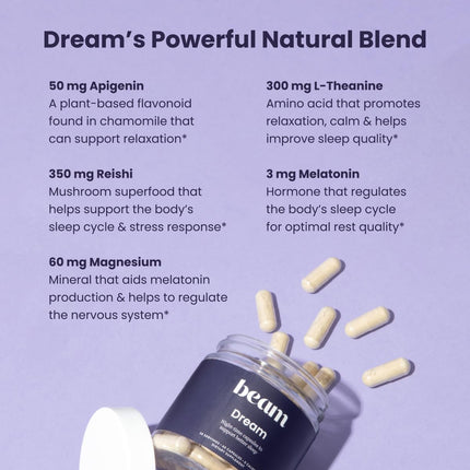 Beam Dream Sleep Capsules – Natural Sleep Aid with Magnesium, Melatonin & L-Theanine | 30 Servings