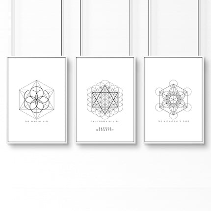 Bedrooms Black And White | Set of 3 Sacred Geometry Wall art Prints