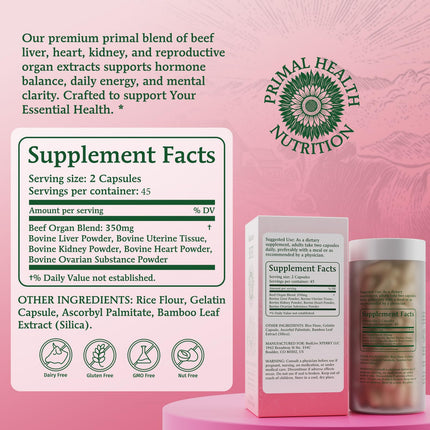 Beef Organ Supplement for Women - Primal Health Blend Capsules | 90 Capsules