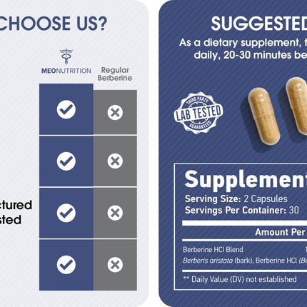 Meo Nutrition Berberine Supplement 1200mg HCI - 60 Capsules | Third-Party Lab Tested, Non-GMO, GMP Certified