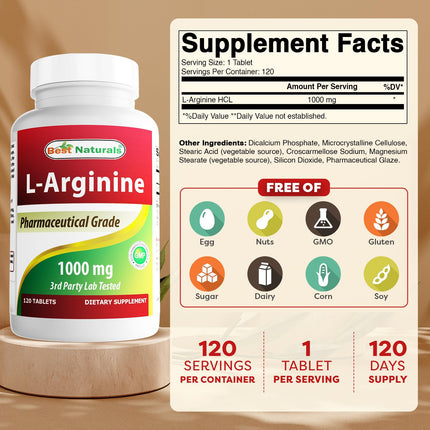 Best Naturals 3 Pack L-Arginine 1000 mg 120 Tablets - Pharmaceutical Grade L Arginine Supplement Promotes Nitric Oxide Synthesis (Total 360 Tablets)