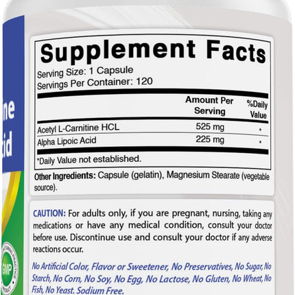 Best Naturals Acetyl L-Carnitine + Alpha Lipoic Acid 750 mg | 120 Capsules (Pack of 2)