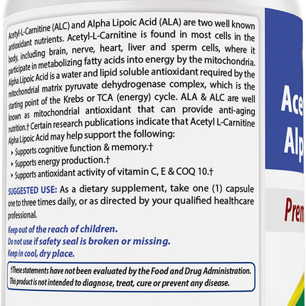 Best Naturals Acetyl L-Carnitine + Alpha Lipoic Acid 750 mg | 120 Capsules (Pack of 2)