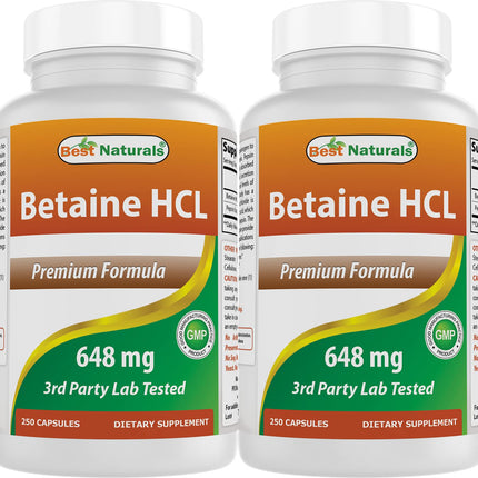 Best Naturals Betaine HCL 648 mg - 250 Capsules (Pack of 2)