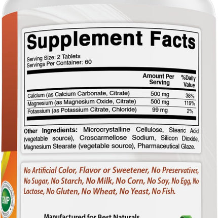 Best Naturals Calcium Magnesium Potassium - 120 Tablets (Pack of 2) | Non-GMO & Gluten Free