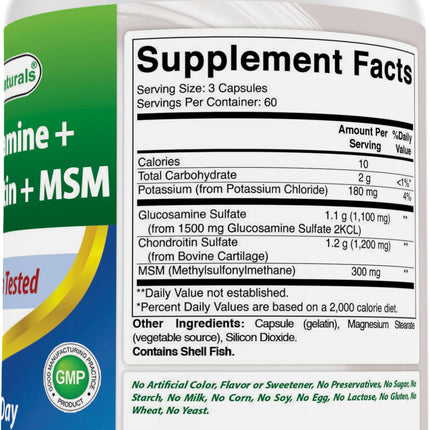 Best Naturals Glucosamine Chondroitin MSM Joint Supplement – 2600 mg/Serving, 180 Capsules per Bottle, Pack of 3