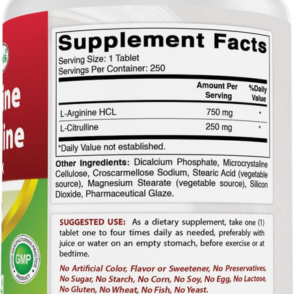 Best Naturals L-Arginine L-Citrulline Complex 1000 mg - 250 Tablets (Pack of 2)
