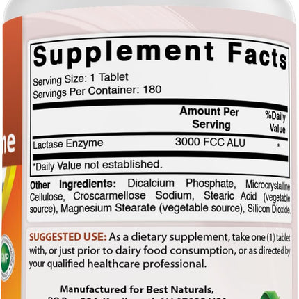 Best Naturals Fast Acting Lactase Enzyme 3000 FCC ALU - 180 Tablets (Pack of 3)