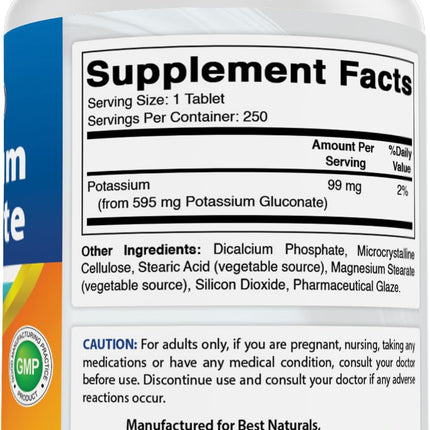 Best Naturals Potassium Gluconate 595 mg – 250 Tablets (Pack of 3) | Non-GMO & Gluten-Free