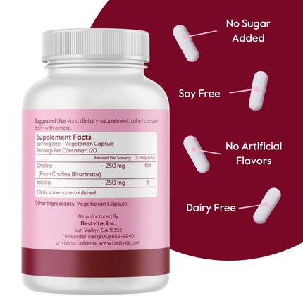 BESTVITE Choline Inositol 500mg – 120 Vegetarian Capsules – Vegan, Gluten Free, Non-GMO (Pack of 2)