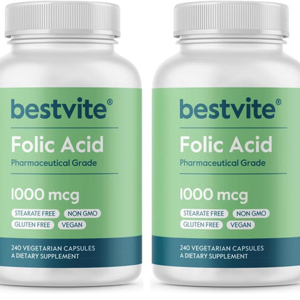 BESTVITE Folic Acid 1000mcg – 240 Vegetarian Capsules (Pack of 2) – No Dicalcium Phosphate, No Stearates, No Silicon Dioxide – Gluten Free, Non-GMO, Vegan