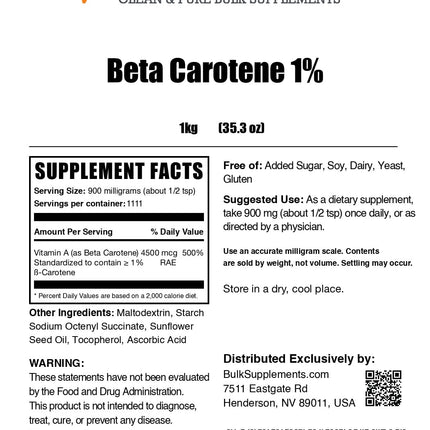 BulkSupplements Beta Carotene Powder – Vitamin A for Immune & Vision Support | Gluten Free, 900 mg/Serving, 1kg