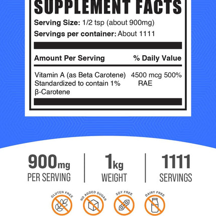 BulkSupplements Beta Carotene Powder – Vitamin A for Immune & Vision Support | Gluten Free, 900 mg/Serving, 1kg