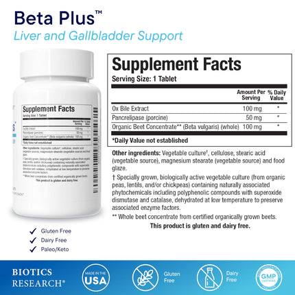 Biotics Research Beta-Plus Ox Bile Salts with Digestive Enzymes – 180 Tabs