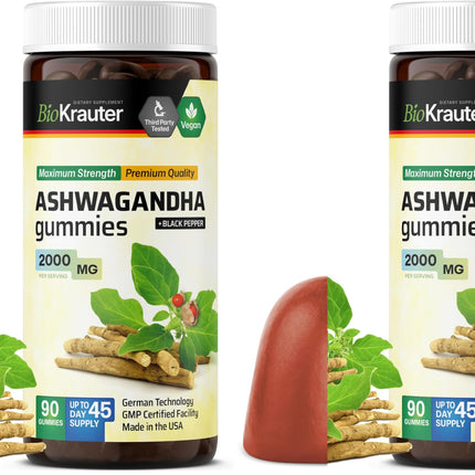 BIO KRAUTER Ashwagandha Gummies – 2000 mg, 90 Chews, Mango, Vegan – Pack of 2
