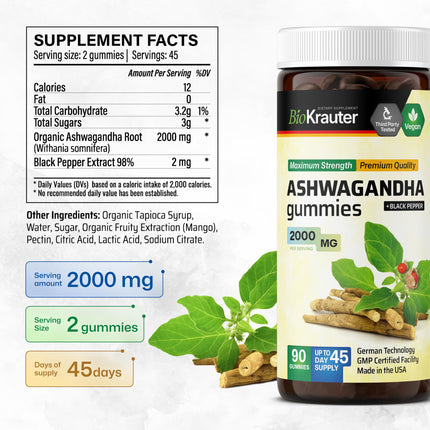BIO KRAUTER Ashwagandha Gummies – 2000 mg, 90 Chews, Mango, Vegan – Pack of 2