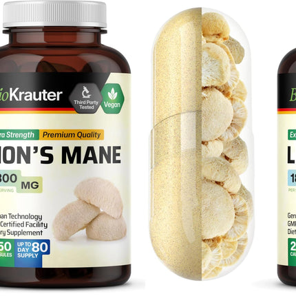 BIO KRAUTER Lions Mane 1800 mg Capsules – 250 Count – Vegan Brain Support