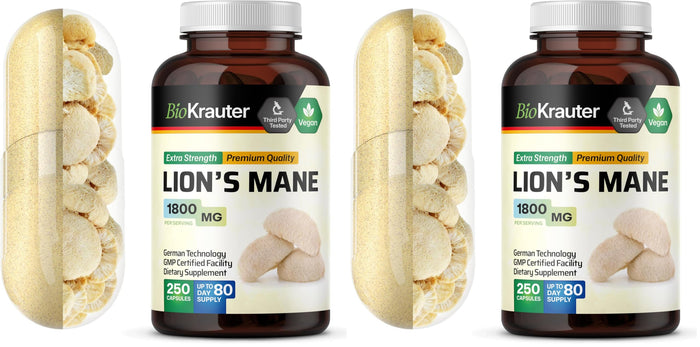 BIO KRAUTER Lions Mane 1800 mg Capsules – 250 Count – Vegan Brain Support
