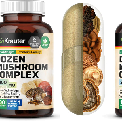 BIO KRAUTER Dozen Mushroom Complex Capsules 2100 mg Blend - 12 Extracts, 100 Vegan Caps - Pack of 2