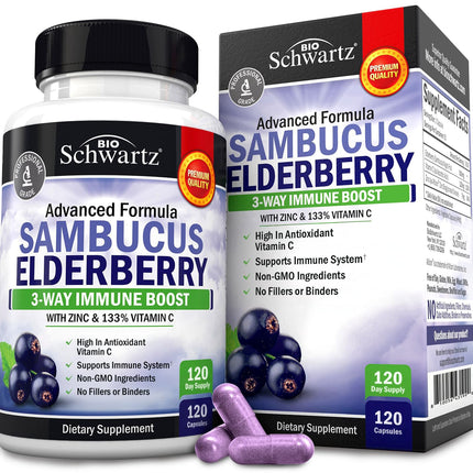 BioSchwartz Elderberry Capsules with Zinc & Vitamin C – Immune Support for Adults (120 Count)