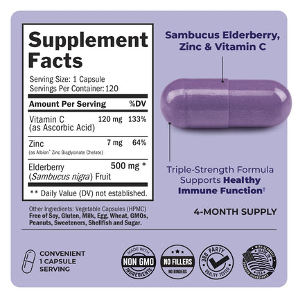 BioSchwartz Elderberry Capsules with Zinc & Vitamin C – Immune Support for Adults (120 Count)