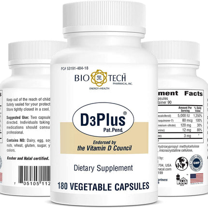 Bio-Tech Pharmacal D3Plus – 180 Count (Vitamin D3 + K2)