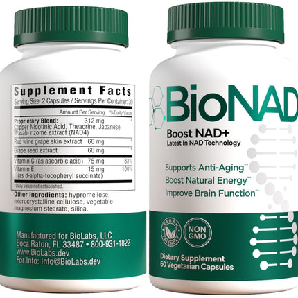 BioNAD NAD+ Natural Energy Booster - Boost NAD+, Supports Cardiovascular Health - Vegan/Non-GMO