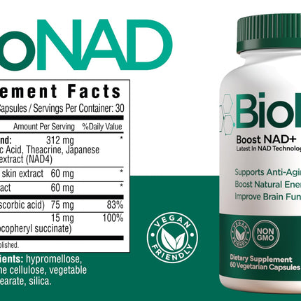 BioNAD NAD+ Natural Energy Booster - Boost NAD+, Supports Cardiovascular Health - Vegan/Non-GMO