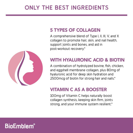 BioEmblem Beauty Collagen – 11G Hydrolyzed Multi-Collagen Peptides, Hyaluronic Acid, Vitamin C & Biotin – 30 Servings