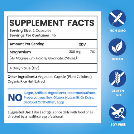 BioEmblem Triple Magnesium Complex 300mg | Glycinate, Malate & Citrate | Vegan 180 Capsules