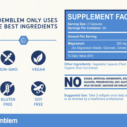 BioEmblem Triple Magnesium Complex | 300mg Magnesium Glycinate, Malate & Citrate for Muscles, Nerves & Energy | High Absorption | Vegan, Non-GMO (180 Capsules)