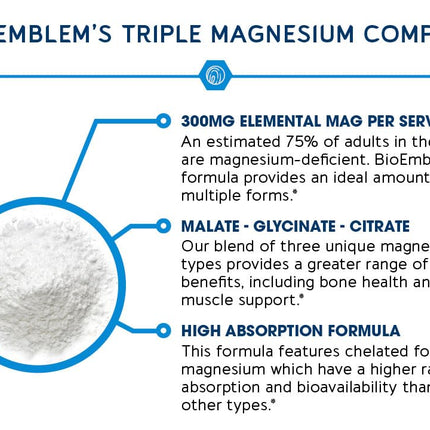 BioEmblem Triple Magnesium Complex | 300mg Magnesium Glycinate, Malate & Citrate for Muscles, Nerves & Energy | High Absorption | Vegan, Non-GMO (180 Capsules)