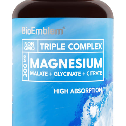 BioEmblem Triple Magnesium Complex | 300mg Magnesium Glycinate, Malate & Citrate for Muscles, Nerves & Energy | High Absorption | Vegan, Non-GMO (180 Capsules)