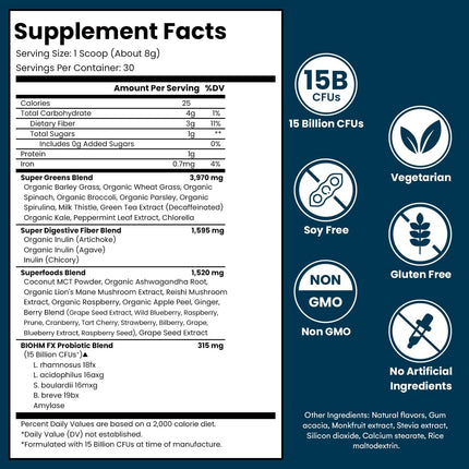 BIOHM Super Greens – 34-Ingredient Green Superfood Powder with Probiotics & Digestive Enzymes (Mixed Berry)