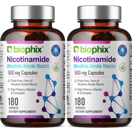 Biophix B-3 Nicotinamide 500 mg - 180 Caps (2 Pack) | Flush-Free Vitamin for Skin Health