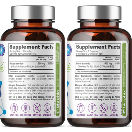 Biophix B-3 Nicotinamide 500 mg - 180 Caps (2 Pack) | Flush-Free Vitamin for Skin Health