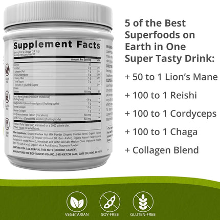 BIOptimizers Mushroom Coffee Alternative – Salted Caramel with Lion's Mane, Chaga, Reishi + Collagen & MCT (15 Servings)