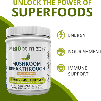 BIOptimizers Mushroom Coffee Alternative – Salted Caramel with Lion's Mane, Chaga, Reishi + Collagen & MCT (15 Servings)
