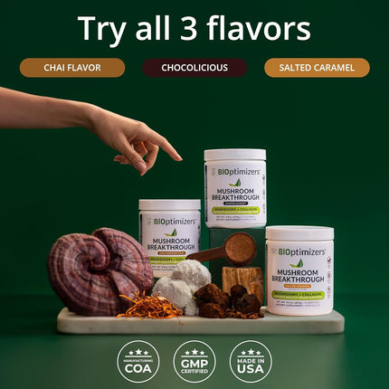BIOptimizers Mushroom Coffee Alternative – Salted Caramel with Lion's Mane, Chaga, Reishi + Collagen & MCT (15 Servings)