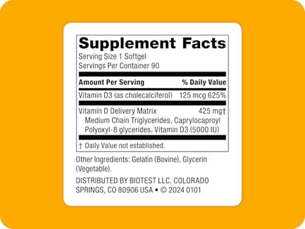 Biotest D Fix - 5000 IU Vitamin D3 Softgels | 90 Servings