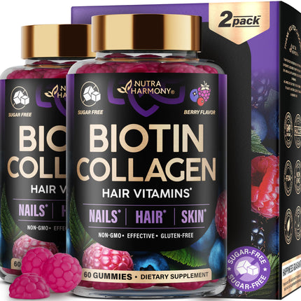 Biotin Gummies with Collagen - Hair, Skin & Nails | Sugar-Free, Mixed Berry, Pack of 2
