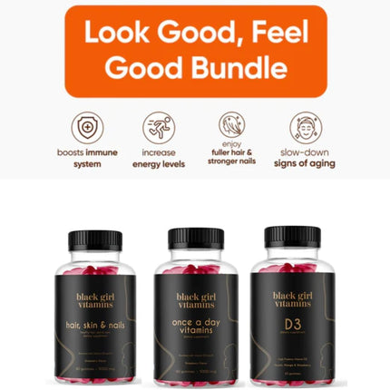 Black Girl Vitamins Look Good Feel Good Bundle – Hair Skin & Nails + Vitamin D3 2000IU + Once a Day Multivitamin